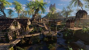 Riverside Village Scene 3D