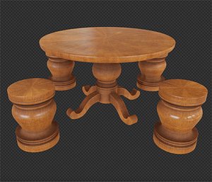 Vintage a round wooden table and chairs 3D model.
