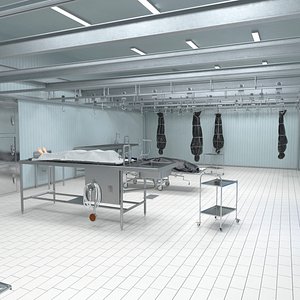 Serial Killer Autopsy Room with Hanging Corpses and Steel Tables