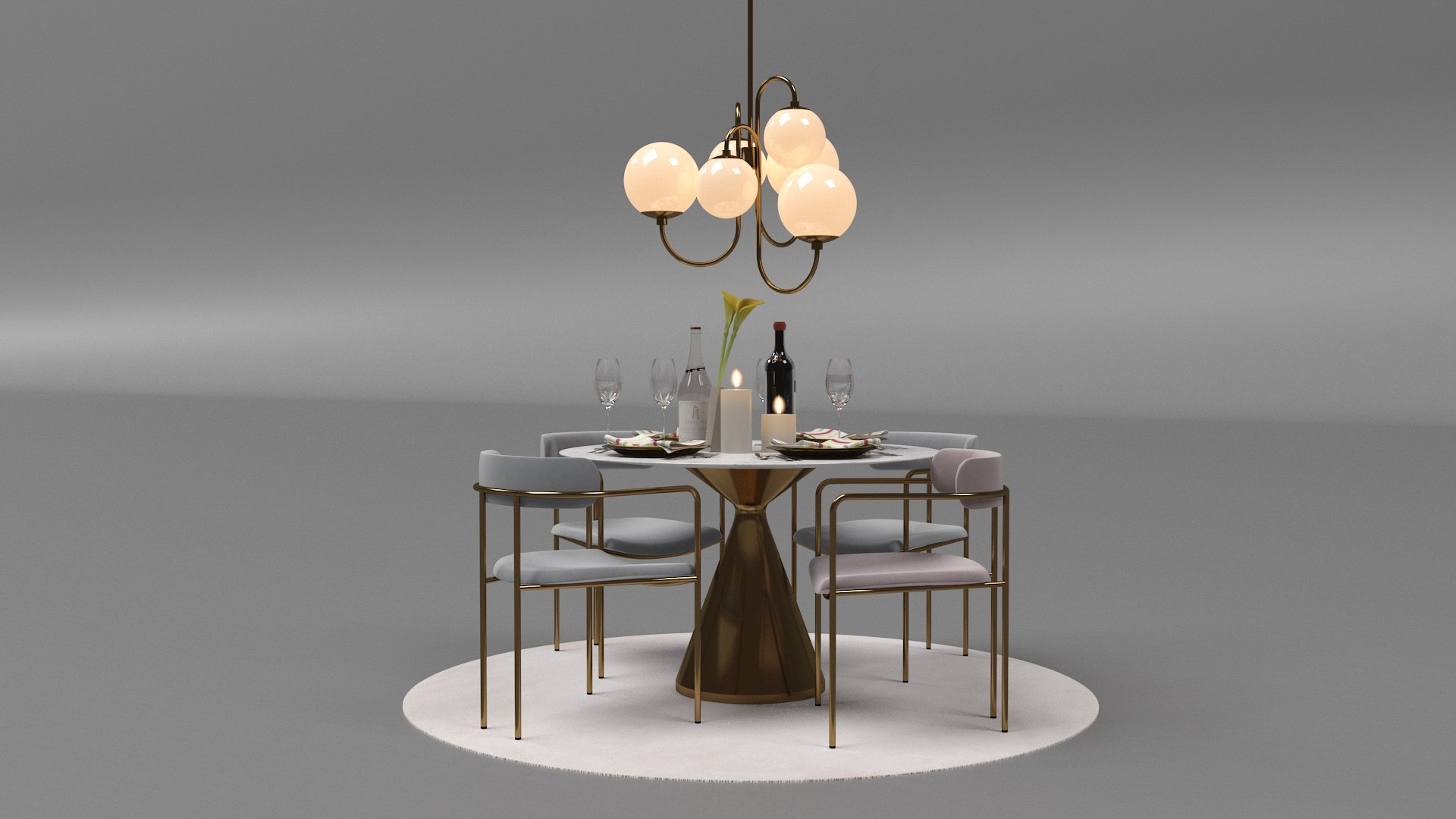 3D Model Modern Round Dining Table Set With Gold Accents - TurboSquid ...