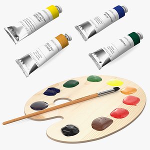 Wooden Art Palette with Oil Paint Tubes Collection model