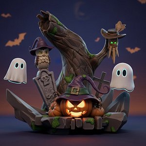 Stylized Halloween Graveyard Scene 3D print model