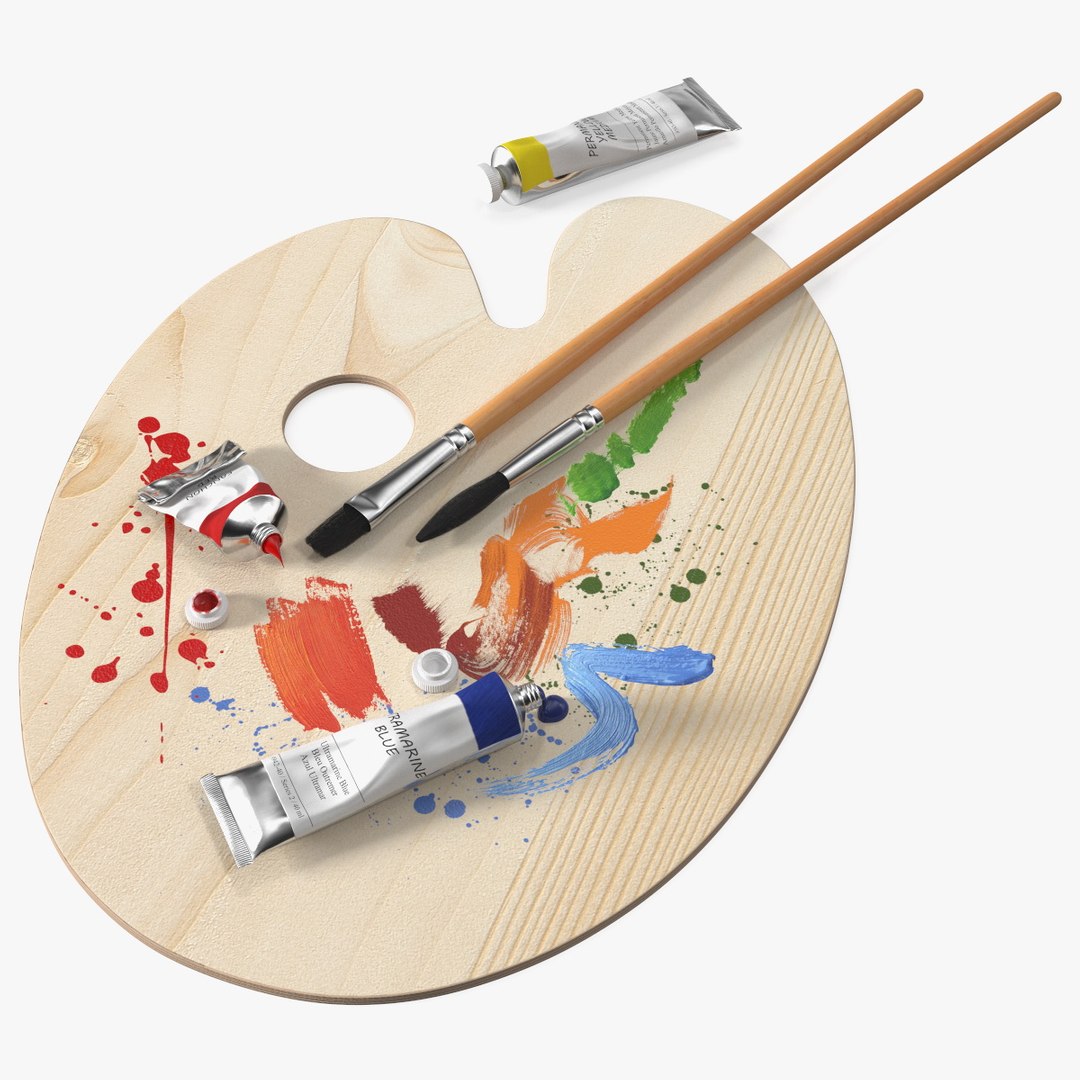 Wooden Paint Palette With Oil Paint Tube 3D model preview