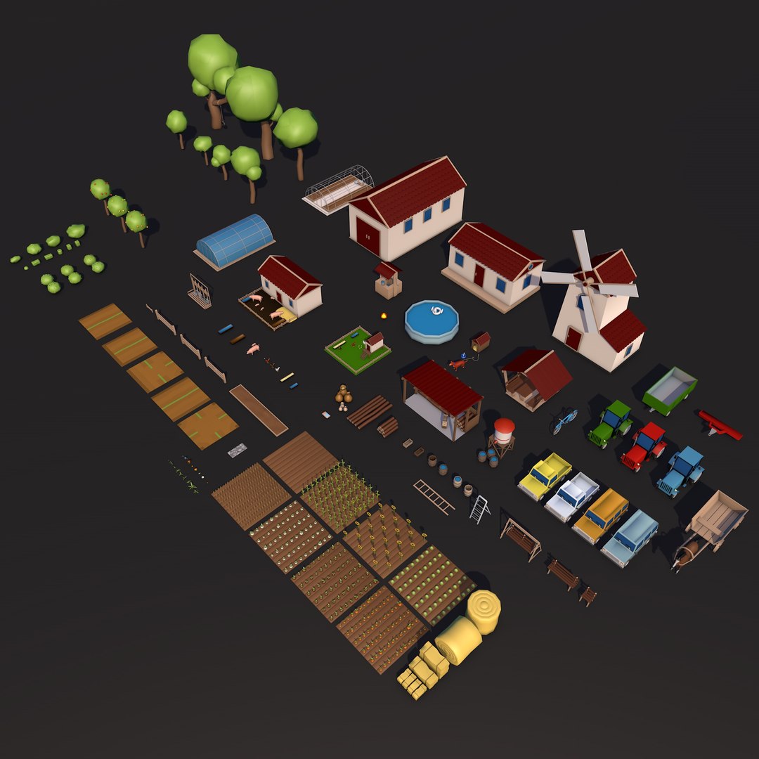 3D Farm asset collection Low-poly model https://p.turbosquid.com/ts-thumb/Yw/Za2TNg/ff/preview7/jpg/1696507620/1920x1080/fit_q87/d311dd8916de5270c5ff46a9c37877fd6673511a/preview7.jpg