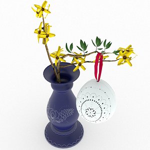 Easter "lace" egg and forsythia in vase