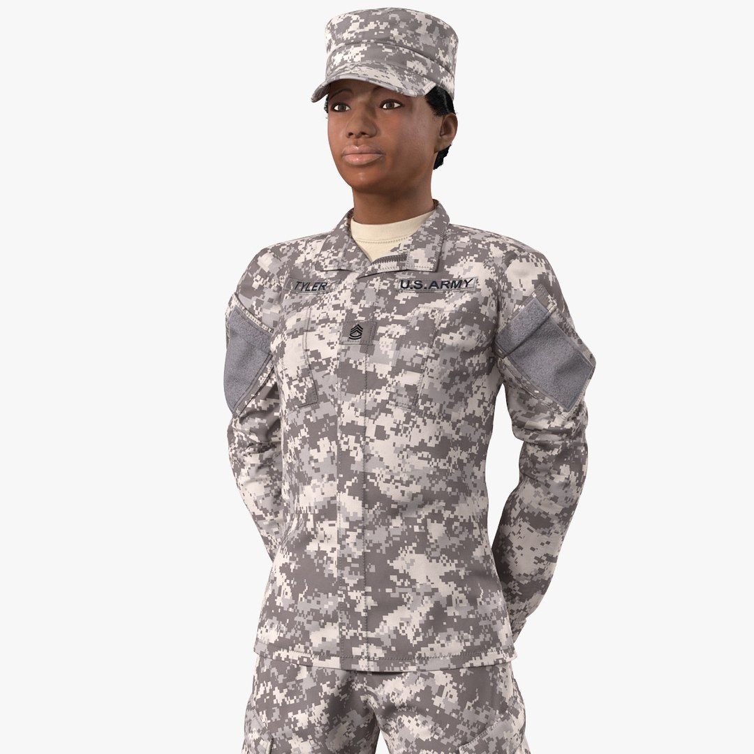Black Female Soldier Military ACU Standing Pose Fur 3D model preview