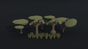 Low-poly Cartoon savanna trees Polygonal Style 3D