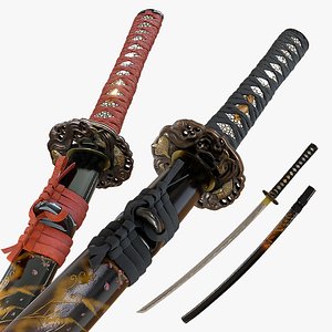 Representación 3d de la espada samurai katana desde diferentes ángulos de  perspectiva