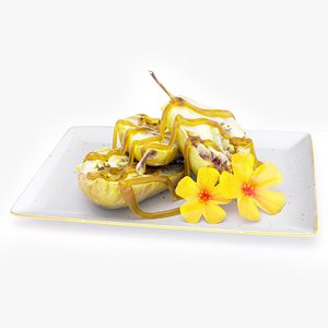 Pears with nuts cheese and caramel on the plate