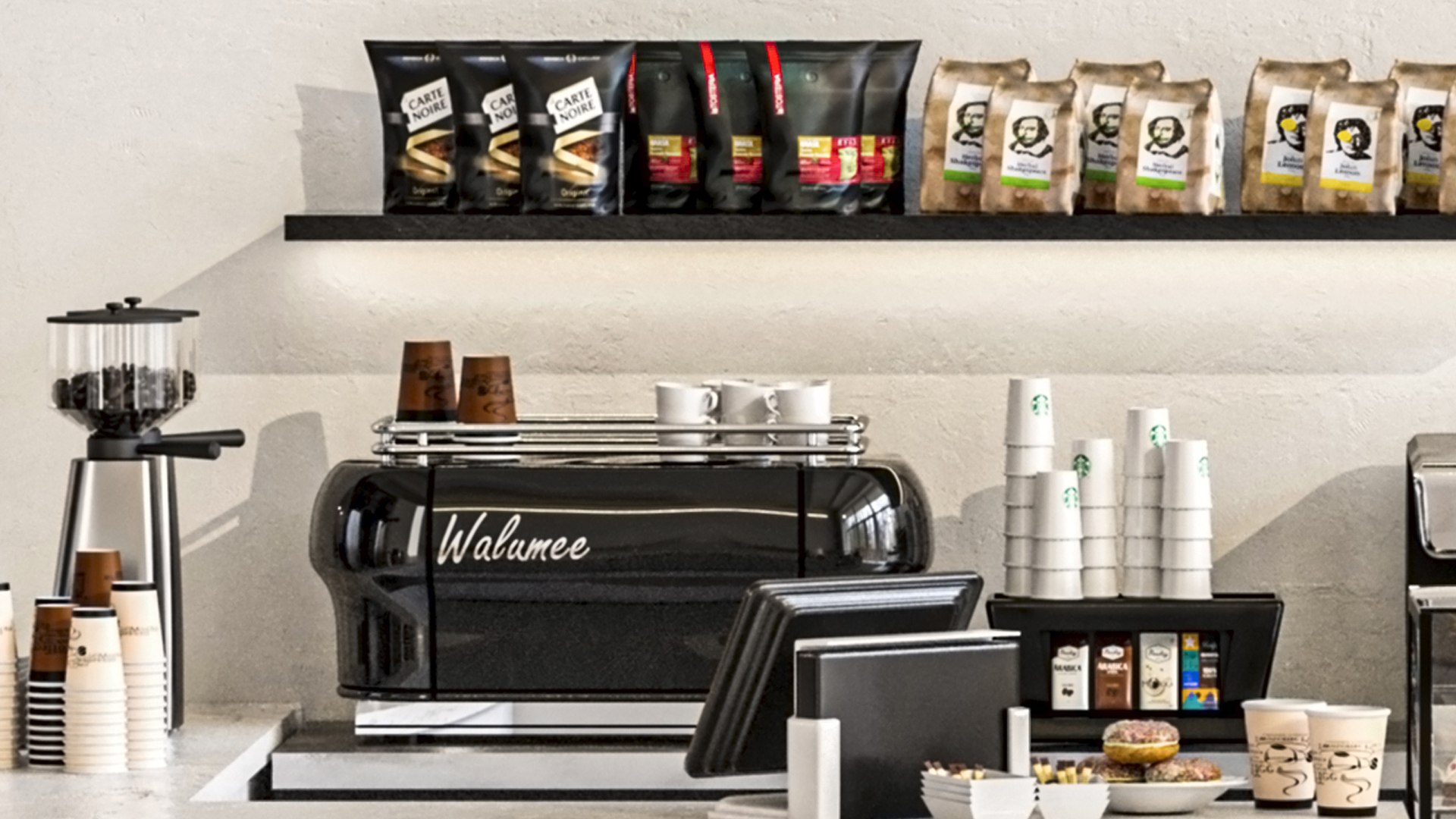 Coffee point in a shopping center with desserts and sweets model ...