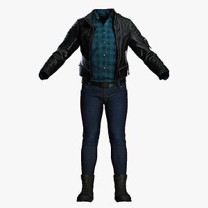 Male Leather Jacket and Plaid Shirt Outfit 3D model