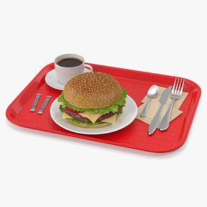 3D Fast Food Tray with Burger and Coffee