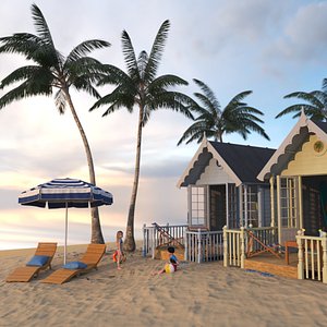 Beach Huts on Sea Shore with People