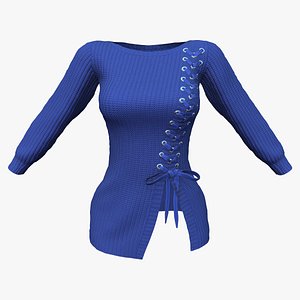 Split Front Hem Lace Up Long Sleeve Round Neck Blue Sweater