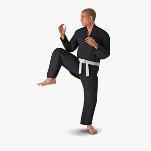 Karate Fighter Pose 3 Black Suit with Fur 3D Model