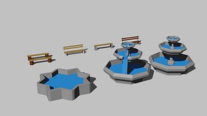 3D Benches and fountain - Park assets