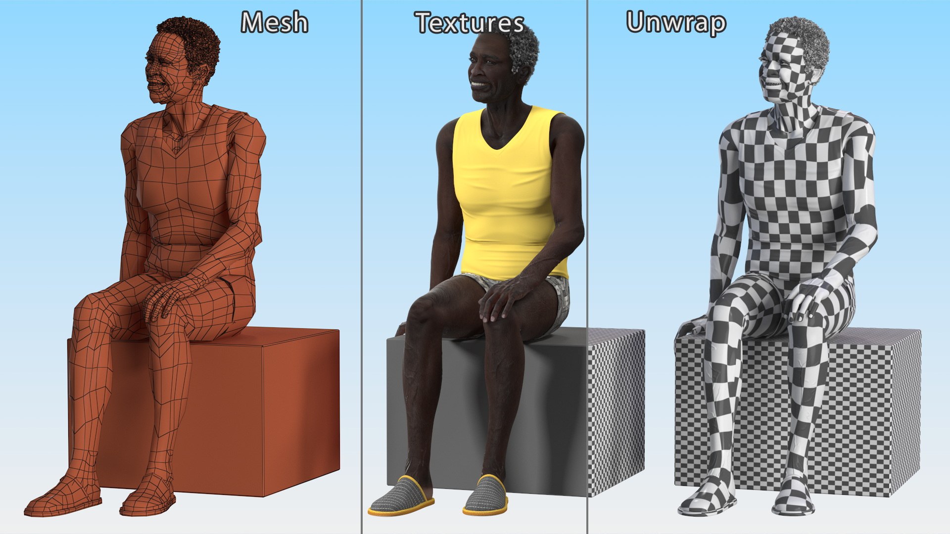 3D Afro American Old Gentleman in Sleeping Suit Sitting https://p.turbosquid.com/ts-thumb/Z5/9IAEYe/6z/afroamericanoldgentlemaninsleepingsuitsitting3dmodel017/jpg/1673914238/1920x1080/fit_q87/b63bc4fb9d2326343d029332c7a9e42185a9b6d7/afroamericanoldgentlemaninsleepingsuitsitting3dmodel017.jpg