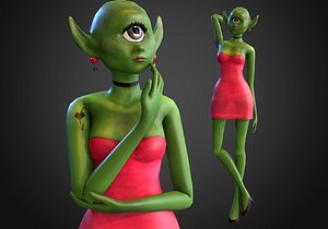 3D model green alien girl rigged low poly