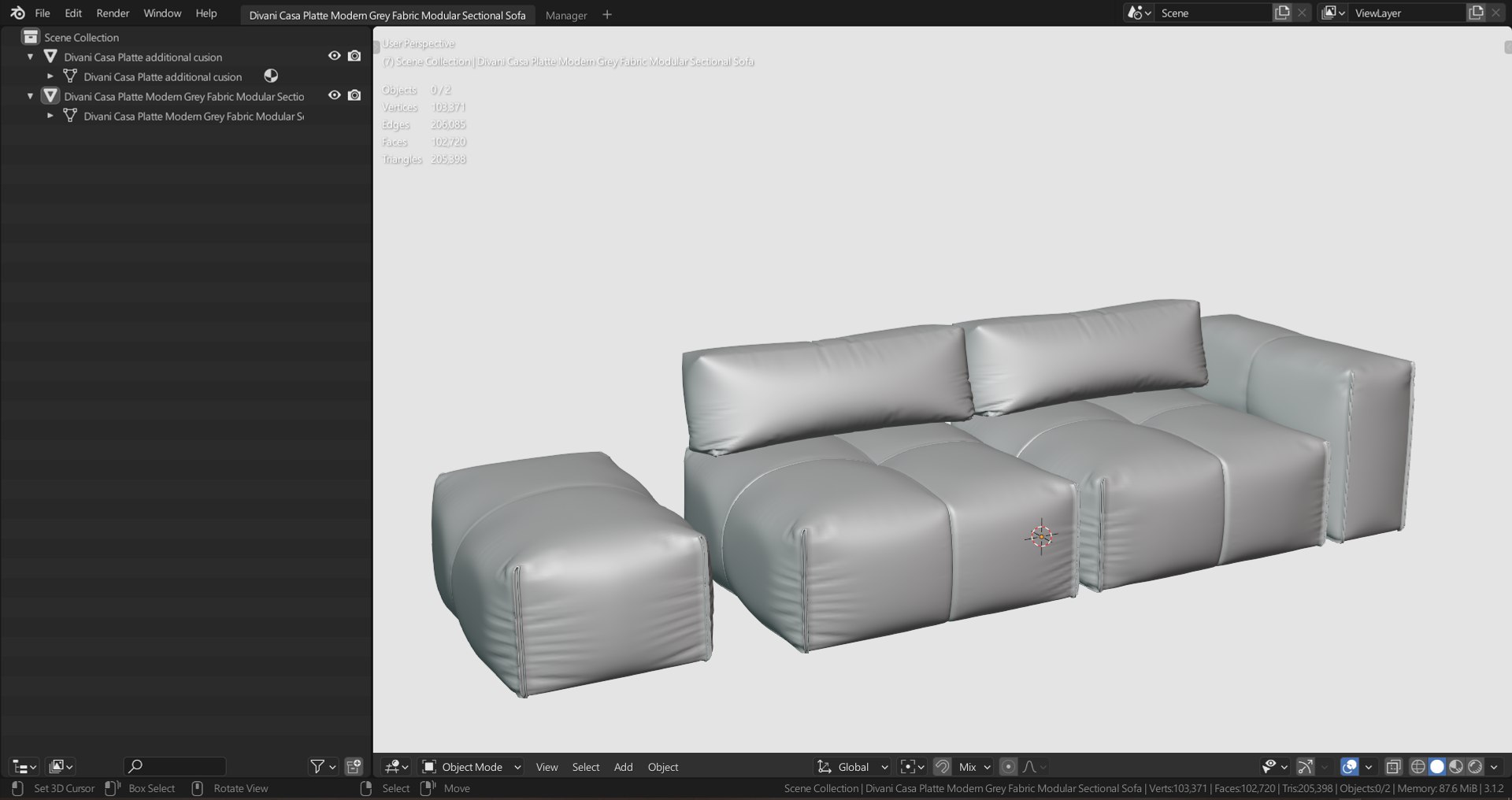3D Divani Casa Platte Modern Grey Fabric Modular Sectional Sofa Model ...