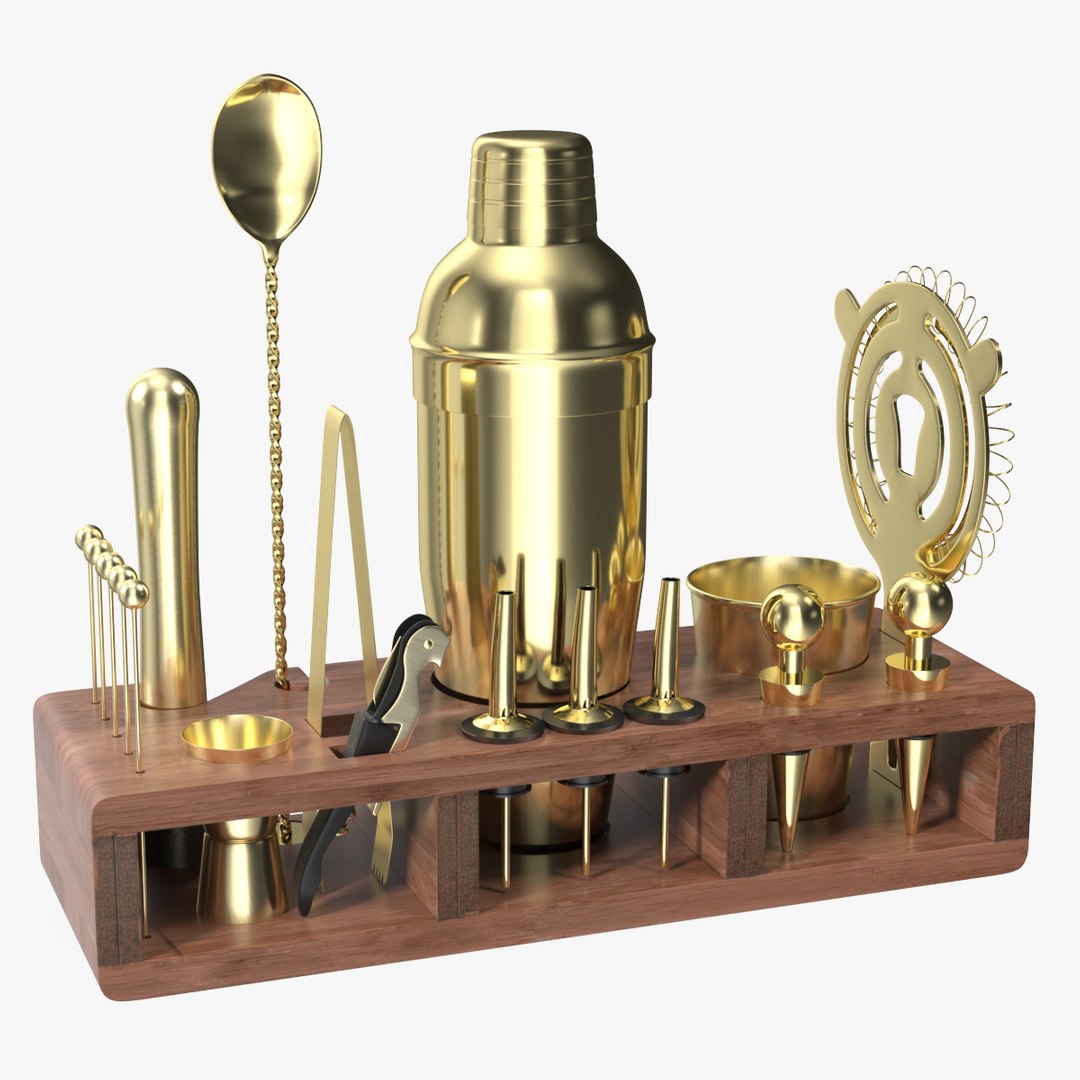 Gold Bar Kit with Wooden Stand 21 Pieces 3D model preview