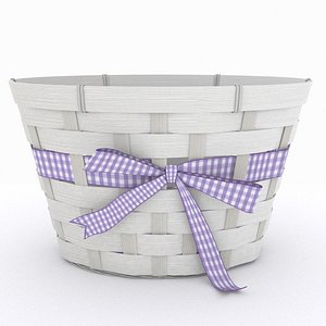 White wicker basket with gingham ribbon and bow