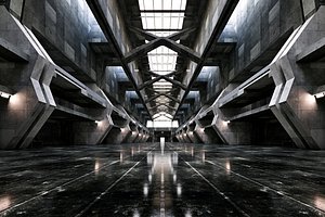 Brutalist Industrial Sci-Fi Hangar - Cinematic Environment - 013