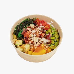 poke bowl lunch with tuna rice avocado mango seaweed algae