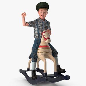 Vintage Rocking Horse with Child Boy Rigged 3D Model