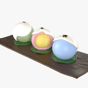 Thai traditional sweets Khanom Phra Pai  Coconut Dumpling on a dark wooden tray model