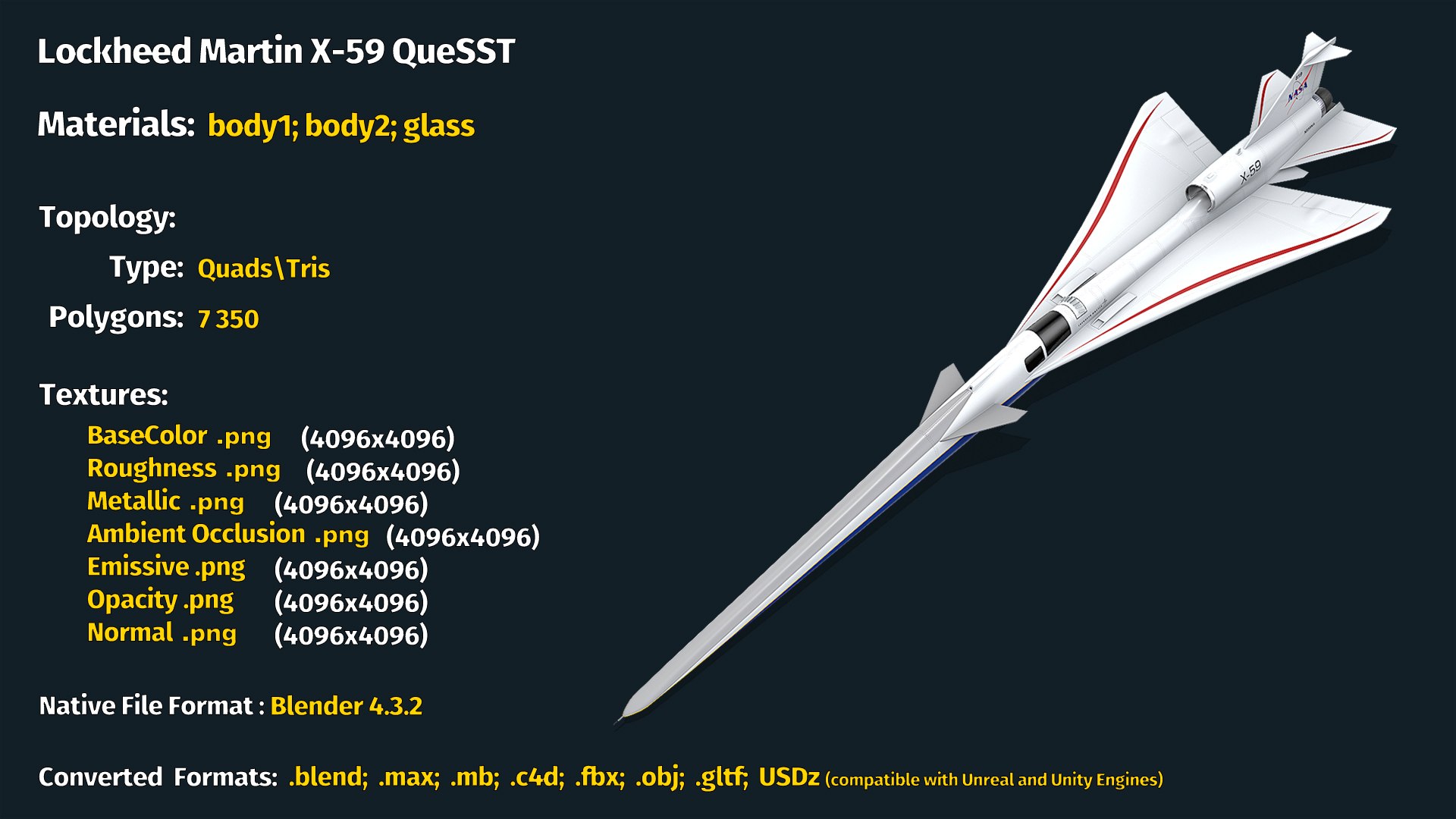 Lockheed Martin X-59 QueSST 3D model https://p.turbosquid.com/ts-thumb/ZL/4wRjey/yK/info/jpg/1752077019/1920x1080/fit_q87/212dafc7b6a7532509e8e51af3fe9354523c988c/info.jpg