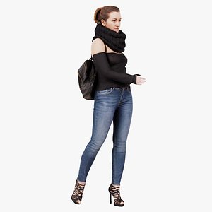 3D Woman in Jeans Black Top and Scarf 2 Remastered model
