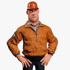 Cartoon Construction Worker in Jacket Worker with Hard Hat