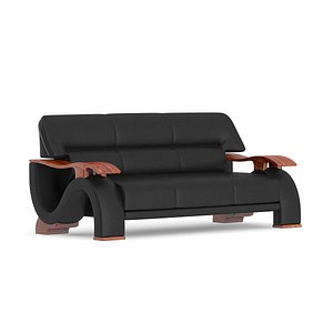 Black Leather Sofa with Wooden Arms