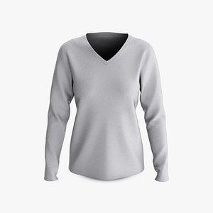 Female T-Shirt Dropped Shoulder Deep V Collar Long Sleeve