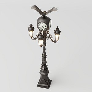 Antique European Street Lamp Post with Clock and Eagle Decor model