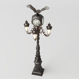 Antique European Street Lamp Post with Clock and Eagle Decor