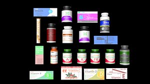 Pack of vitamins minerals and food supplements with basic basecolor textures 3D model