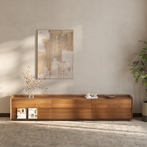 Mid-century Slatted Wooden TV Cabinet 3D Interior Scene