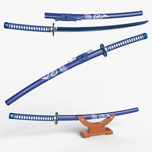 Blue Katana a Saya  a Sageo and Stand 3D model