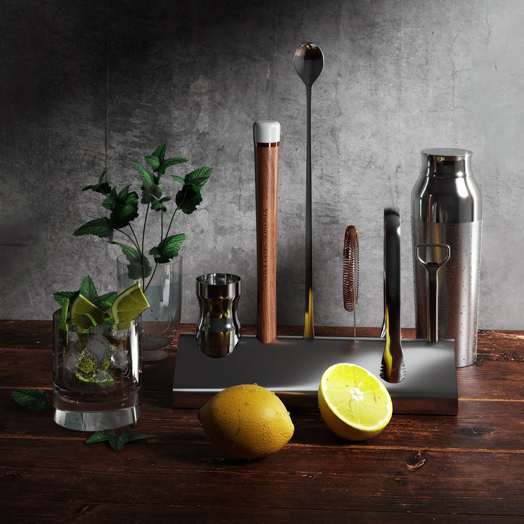 Williams Sonoma Signature Bar Tool Set With Stand Cocktail Shaker 3D