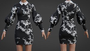 Formal Two Tone Puff Sleeve Collar Bodycon Mini Dress Outfit 3D Model