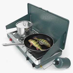 Portable Gas Stove with Yellow Perch in Frying Pan 3D model