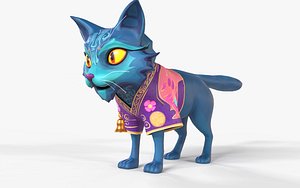 Mystic CAT Azure Kitsune Warrior Fox Stylised Cartoon Character Game Ready
