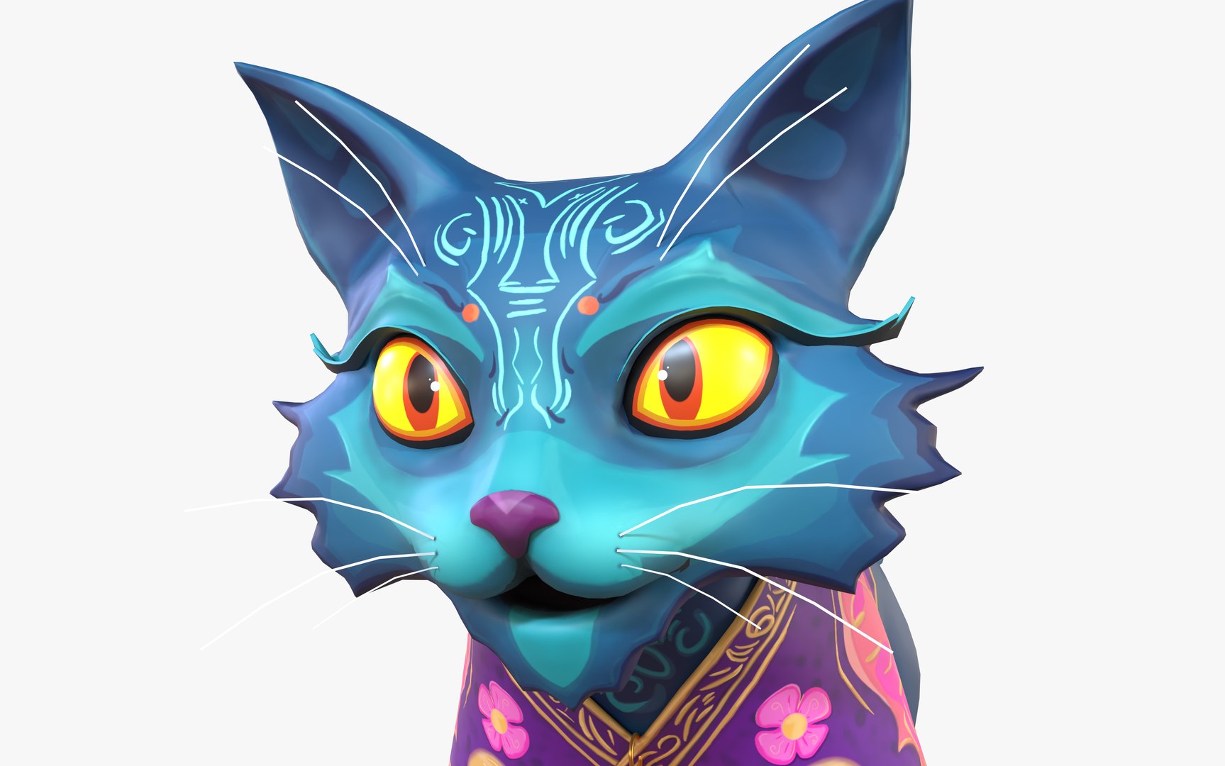 Mystic CAT Azure Kitsune Warrior Fox 3D Model Stylised Cartoon ...
