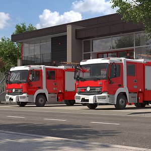 3D Fire Department Station with Fire Trucks model