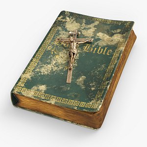 Vintage Christian Bible and Gilded Cross with Crucified Jesus 3D