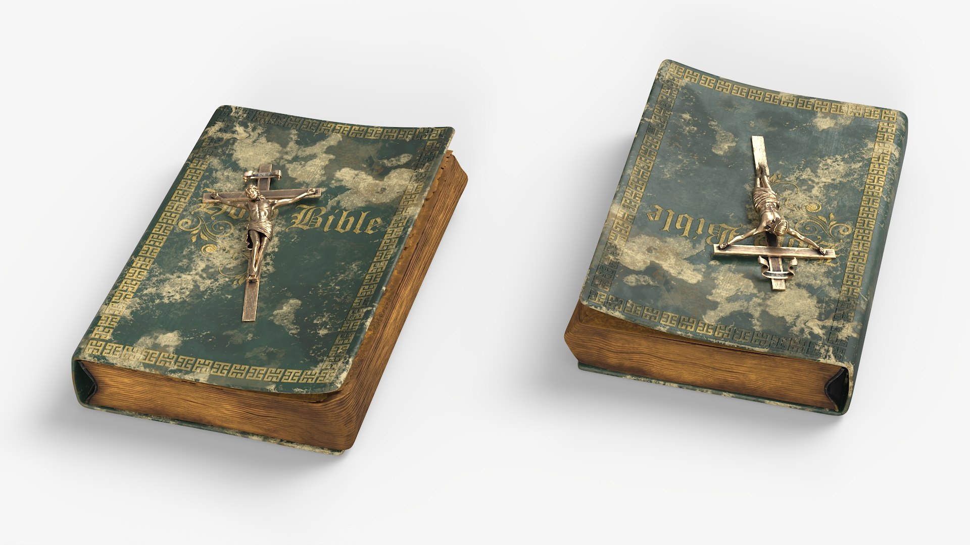 Vintage Christian Bible and Gilded Cross with Crucified Jesus 3D model preview