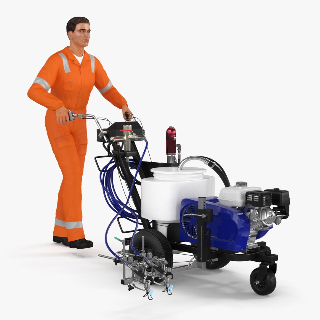 Road Worker with Cold Paint Line Striper 3D model preview