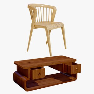 3D model Wooden Dining Chair With Coffee Table Classic
