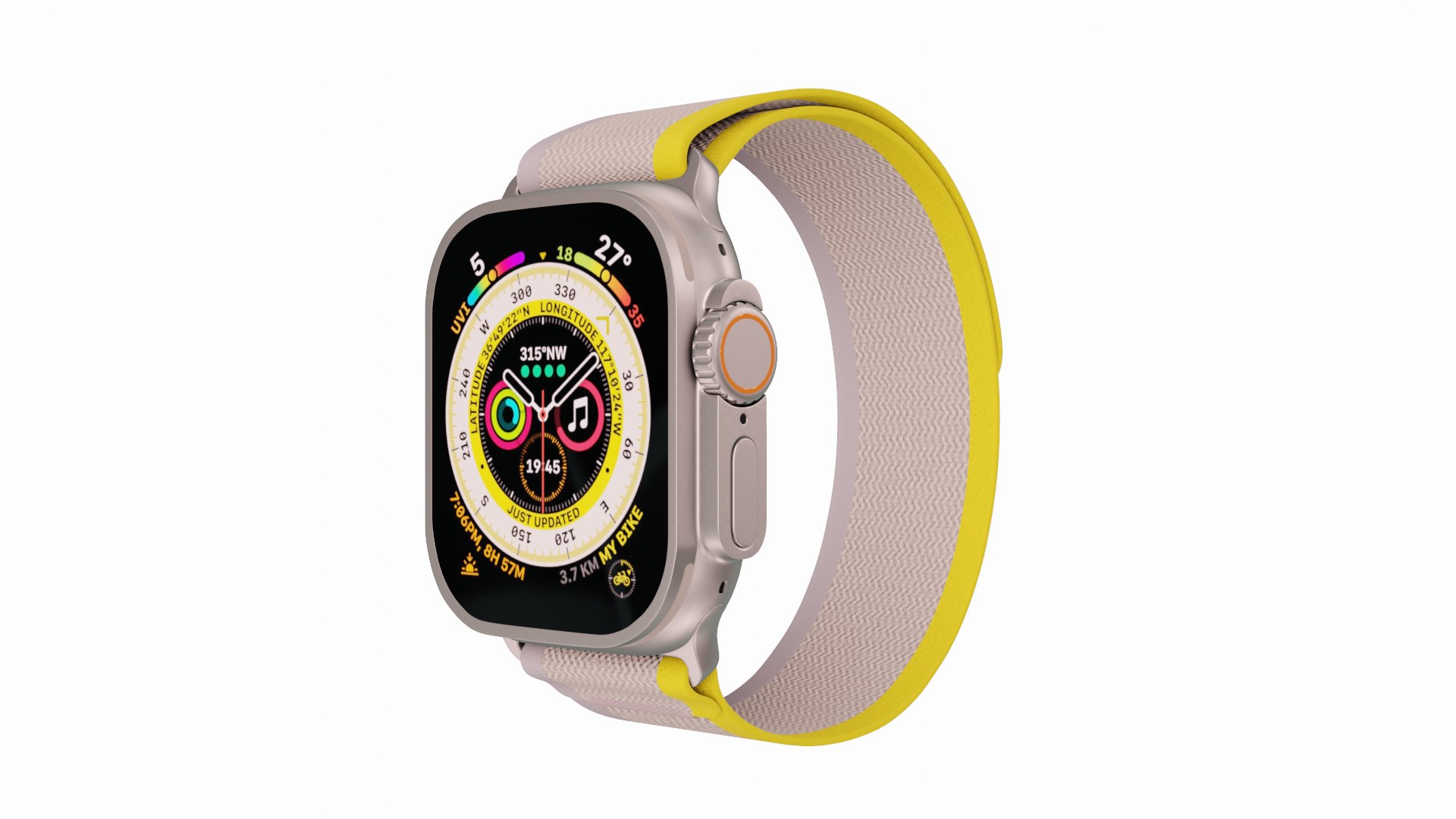 3D Apple Watch Ultra Titanium Case With Yellow And Beige Trail Loop